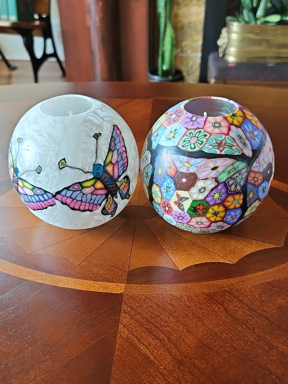 Set of 2 Handcrafted Sphere Art Candles - Butterfly & Floral Millefiori